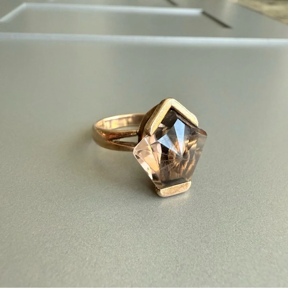 Estate Solid 14k Rose Gold Smoky Topaz Geometric Modernist Vintage Cockt…